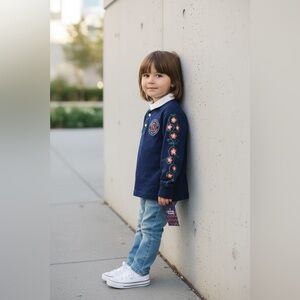 Rowing Blazers Kids Navy Rugby Shirt Floral long Sleeve Embroidered Rose